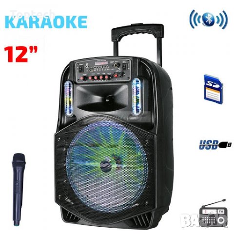 Караоке Тонколона 12 инча PAudio безжичен Микрофон, Цветомузика, Bluetooth, FM радио, USB, micro SD , снимка 2 - Караоке - 30484315