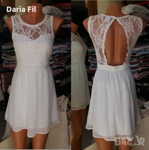 Снежнобяла дантелена рокля с отворен гръб - размер С, снимка 1