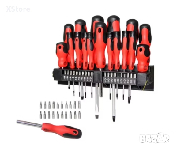 Комплект отвертки и битове с държач 37 части, черни/червени, снимка 6 - Отвертки - 47740889