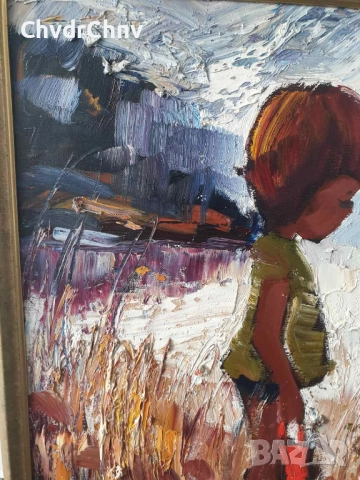 Folke Larsson 66х55см/стара шведска картина масло върху платно/деца-момче-момиче/дървена рамка, снимка 6 - Картини - 52076911