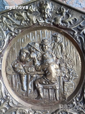 Vintage, метална, осмоъгълна чиния, пано в холандски или фламандски стил. , снимка 4 - Пана - 51888889
