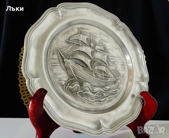 Калаена чиния с Кораб,Платноход. , снимка 2 - Антикварни и старинни предмети - 52393667