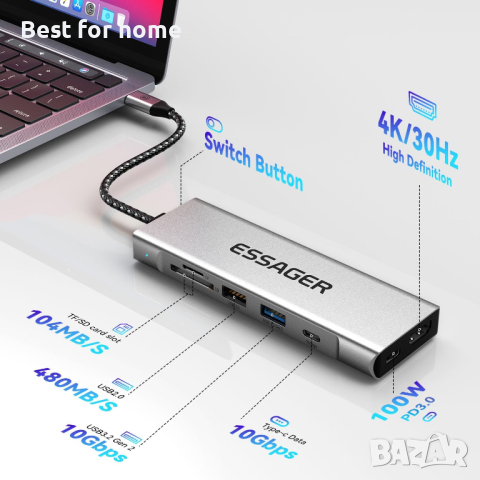 ESSAGER 8 в 1 USB C хъб с M.2 SSD корпус, 4K HDMI, USB 3.2 Gen2, 100W PD, снимка 2 - Суичове - 44921127