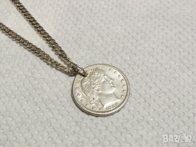 Сребърен синджир със рядък quarter dollar сребърен долар 1914 г - рядкост и ценност за ценители и ко, снимка 1 - Колиета, медальони, синджири - 30285176