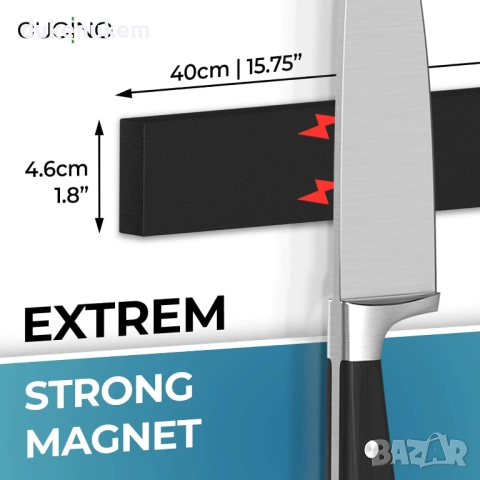 Магнитна лента за ножове 40 см, супер силен магнит, монтаж без пробиване, черен инокс, снимка 4 - Други - 52534692
