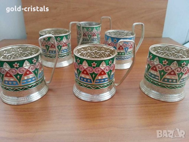 руски стакани подстакани с цветен емайл, снимка 1 - Антикварни и старинни предмети - 29224089