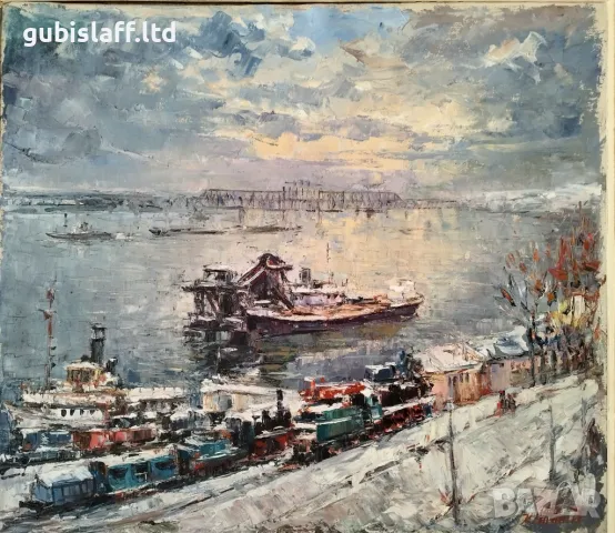 Картина "Русе-речна гара", 1970 г., худ. К. Станчев (1906-1988), снимка 2 - Картини - 48695154