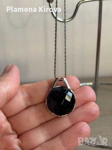 Колие с камък син голдстоун | Сребро 925, снимка 2 - Колиета, медальони, синджири - 54150140