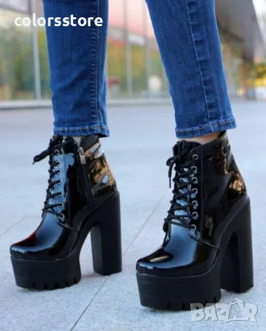 Боти на ток - черен лак с черно ходило - 591