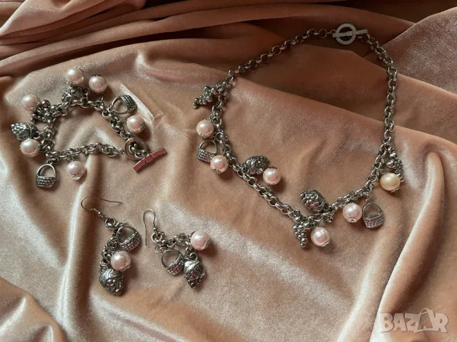 Комплект обеци, колие и гривна - Розово и сребро, снимка 1