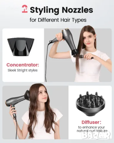 Сешоар Dekuri с дифузьор, професионален йонен сешоар с накрайник, снимка 7 - Сешоари - 49793770