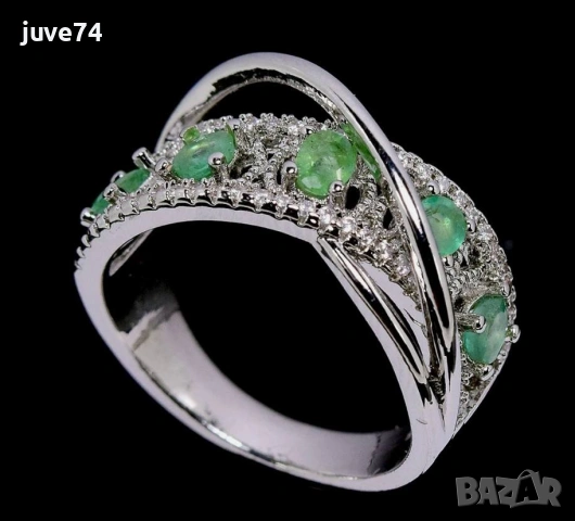 СРЕБЪРЕН ПРЪСТЕН С ЕСТЕСТВЕНИ ИЗУМРУДИ (ЗАМБИЯ), снимка 2 - Пръстени - 53094985