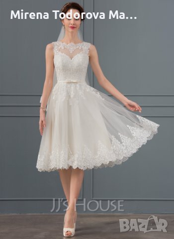 Сватбена рокля от тюл с А-силует илюзия до коляното с лъка(и), снимка 3 - Сватбени рокли - 36687033