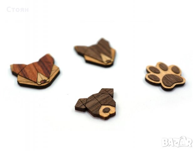 Дървена брошка / Значки от дърво - вълк, лисица, куче, лапичка