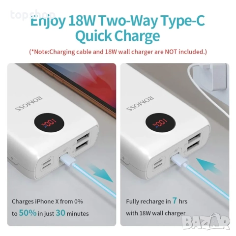 Чисто нова в целофан батерия power bank за телефон ROMOSS 20000mAh, 22.5W и PD20W външна батерия..., снимка 5 - Резервни части за телефони - 51916418