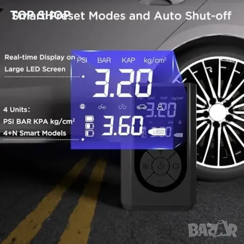 Нов Мощен компресор за гуми 150PSI, 8000mAh, LED дисплей, 12V Помпа кола, снимка 3 - Друга електроника - 49945109