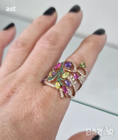 Сребърен пръстен с разноцветни камъни, снимка 7 - Пръстени - 53914009