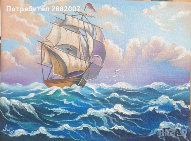 Морска картина,маслени бои върху платно с дървена подрамка , снимка 1