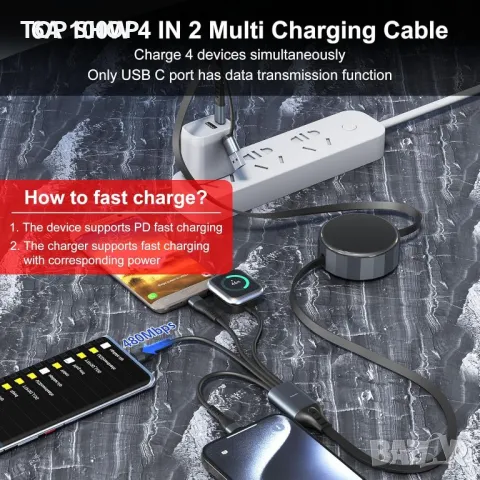 4 в 2 USB C/A прибиращ се кабел за бързо зареждане, 100 W, MFi сертифициран, снимка 5 - Друга електроника - 49693550