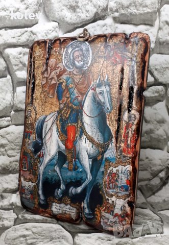 икона Свети Мина на кон със светци 21/15 см - УНИКАТ, декупаж, снимка 2 - Икони - 32580706