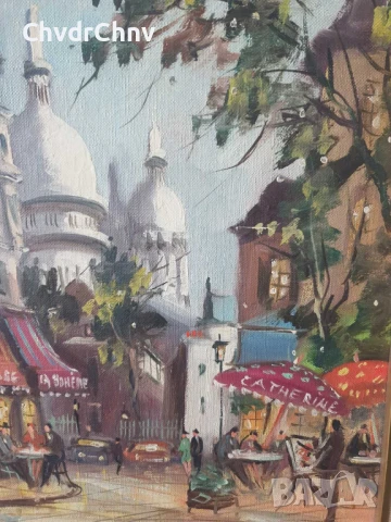 54х46см/малка стара картина масло върху платно/градски пейзаж/френско кафене/дървена рамка, снимка 3 - Картини - 51192662