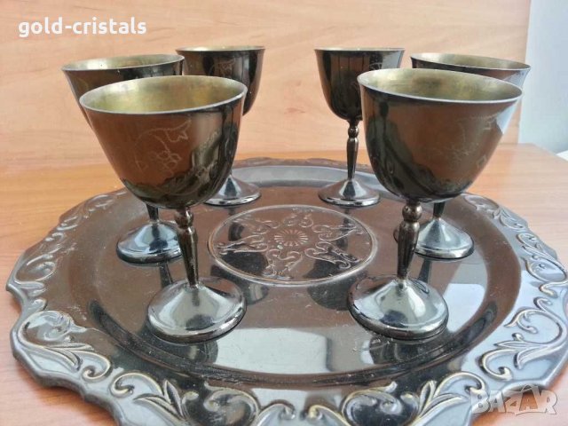 Метални чаши и поднос месинг с емайл, снимка 2 - Антикварни и старинни предмети - 29347741