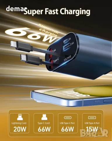 Прибиращо се зарядно за кола 4-в-1, 66W, 2 прибиращи се кабела и 2 USB порта, снимка 2 - Аксесоари и консумативи - 50433265