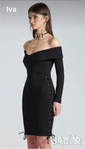 Намалена! Елегантна черна рокля с голи рамена и връзки за регулиране на дължината