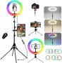 12" RGB LED Ринг лампа с двоен статив (четворно разклонен и мини настолен) и дистанционно, снимка 1
