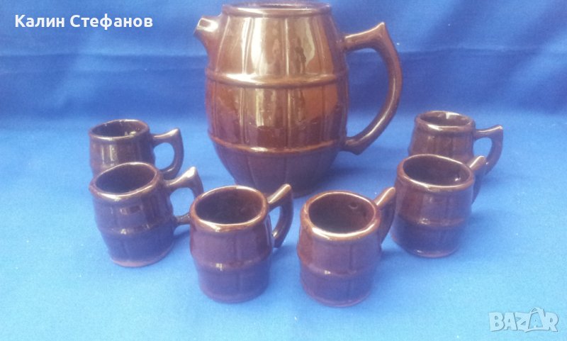 Керамичен сервиз в народен стил, буренца, буре и 6 буренца чашки, от едно време, снимка 1