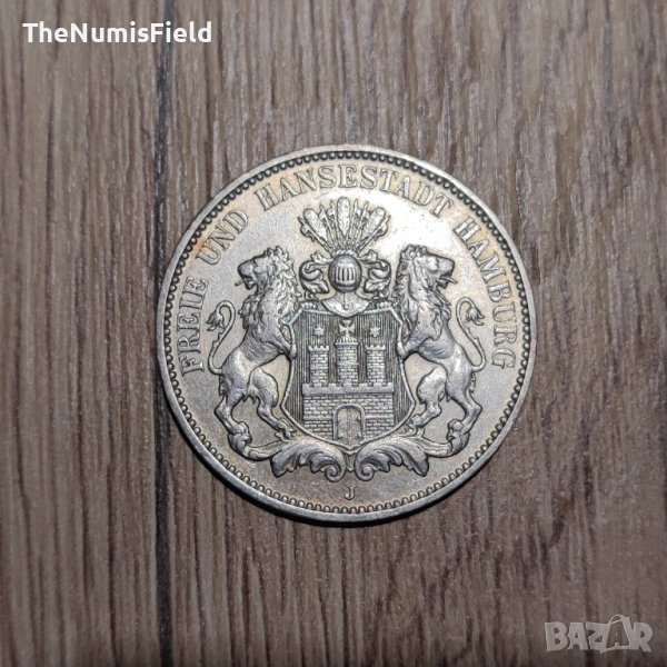 Сребърна монета 3 марки 1909 Хамбург Германия , снимка 1