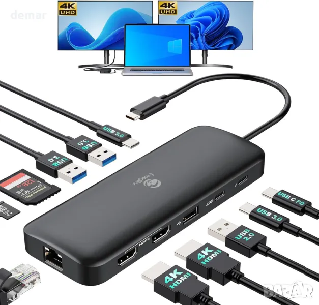 USB C докинг станция за лаптоп, 2 HDMI*4К, 1000Mbps Ethernet, 5 USB A/C порта, слот за SD/TF карта, снимка 1