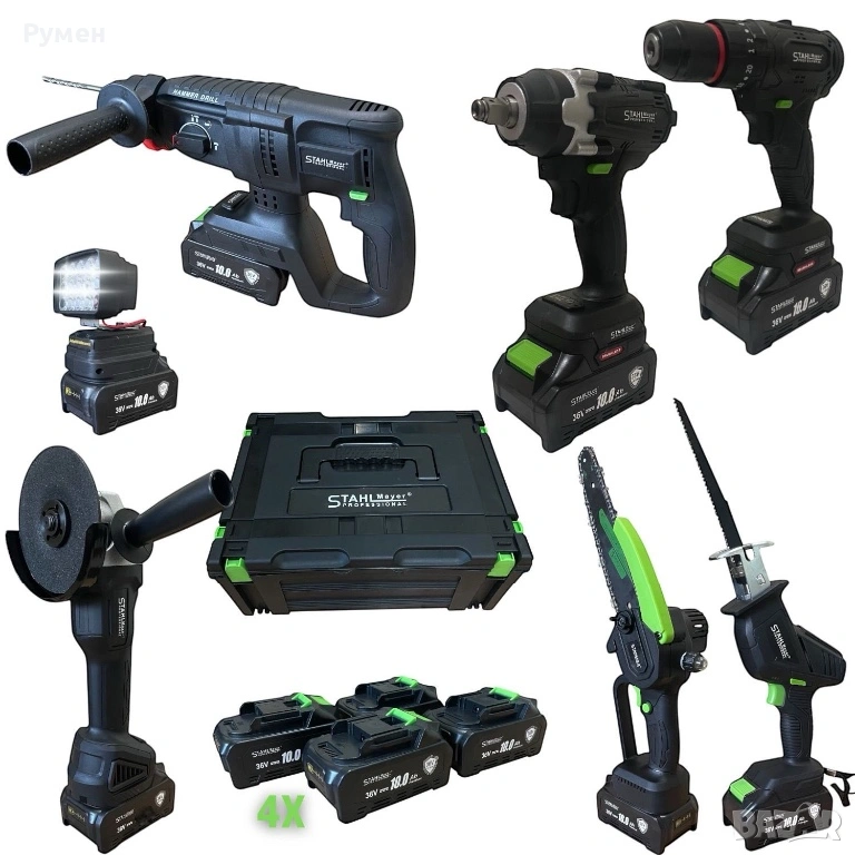 КОМПЛЕКТ 7 В 1 ОТ АКУМУЛАТОРЕН ПЕРФОРАТОР, ВИНТОВЕРТ, ГАЙКОВЕРТ, ЪГЛОШЛАЙФ, САБЛЕН ТРИОН , РЕЗАЧКА С, снимка 1