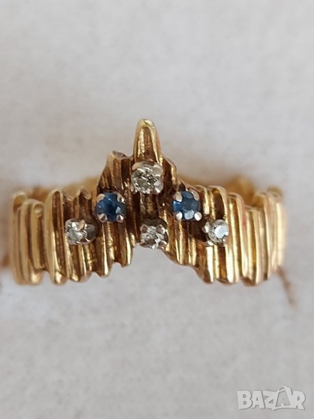  Старинен златен пръстен с брилянти и сапфири, снимка 1