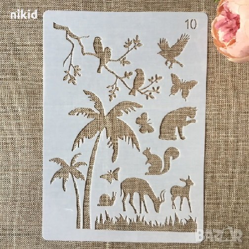 Палма Горски животни коте птички на клон пеперуди шаблон стенсил спрей за торта боя Scrapbooking, снимка 1