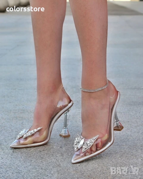 Обувки на ток - прозрачен силикон с бял акцент - 7030 , снимка 1