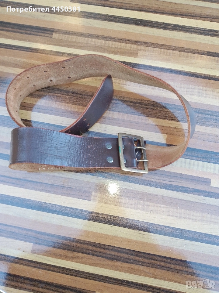 Военен кожен колан с двуредова месингова катарама (120×5 см), снимка 1
