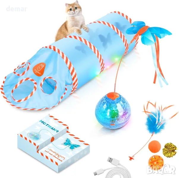 Migipaws Интерактивна играчка за котки, движеща се сянка, пеперудени пера, тунел, акумулаторна, снимка 1
