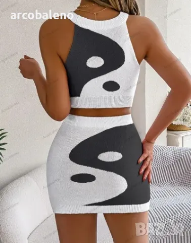 Дамски трикотажен комплект с оголен корем и пола в контрастен цвят, 3цвята , снимка 3 - Комплекти - 48445847