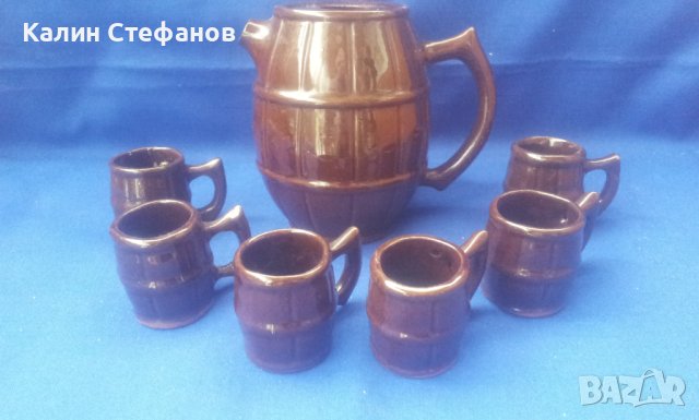 Керамичен сервиз в народен стил, буренца, буре и 6 буренца чашки, от едно време, снимка 1 - Антикварни и старинни предмети - 40613213