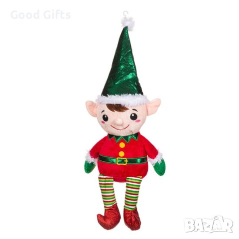 Коледна играчка Плюшен Елф със Зелена блестяща шапка, 50 см