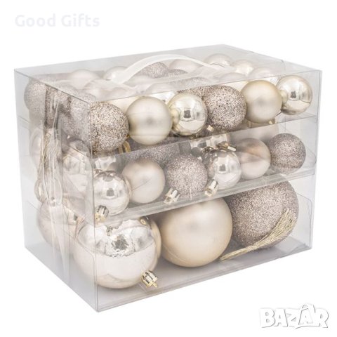 44 броя Комплект Коледни топки, Цвят Шампанско в 3 размера 