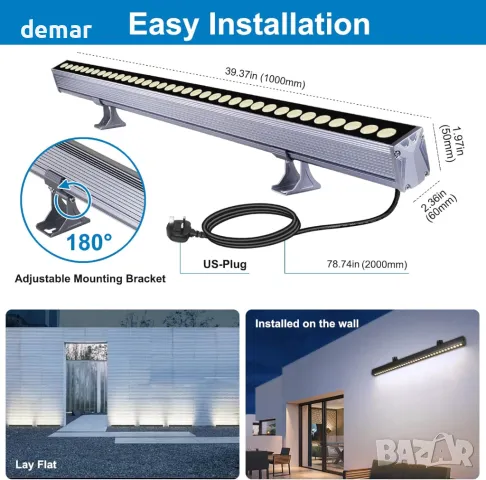 YASOTEK LED лампа за осветяване на стена, 36W 4000K Неурално бяло, 4800 лумена, IP65, 1 метър, снимка 6 - Лед осветление - 49672203