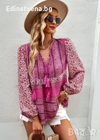 Дамска розова бохо блуза с флорален принт и пискюли, снимка 1