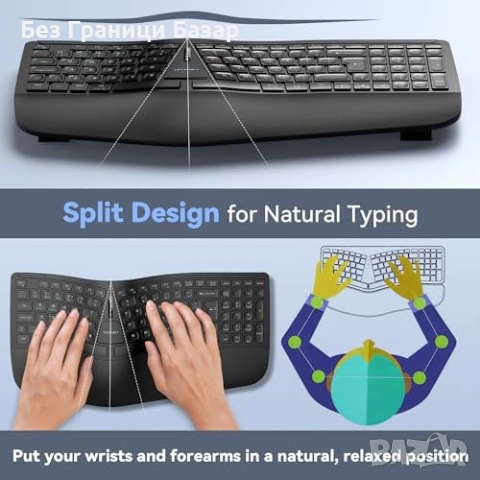 Нова Безжична ергономична клавиатура с опора за китки TECKNET за лаптоп работа, снимка 3 - Клавиатури и мишки - 54106411