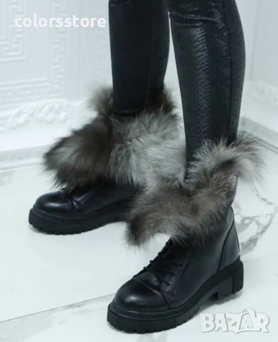 Равни боти - черна кожа със сив ЕСТЕСТВЕН пух - TR36