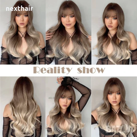 Омбре чуплива перука с кафяви корени и пепеляво руси краища с бретон, снимка 4 - Аксесоари за коса - 51396910