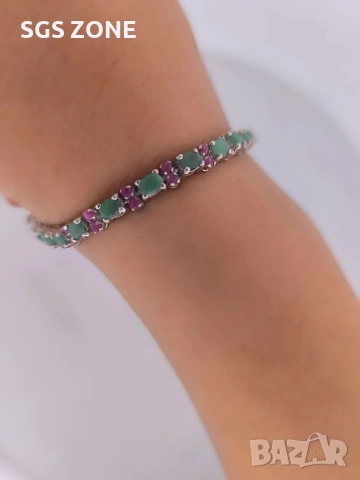 Ръчно изработена сребърна гривна със зелен СМАРАГД и Рубини , снимка 2 - Гривни - 52605672