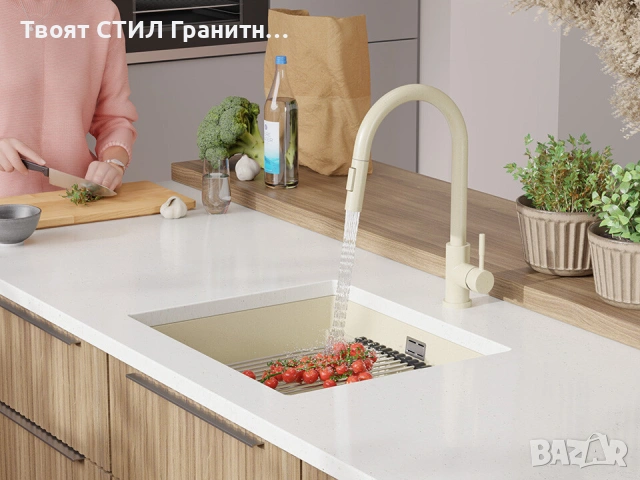 Бежов кухненска мивка за вграждане под плот Прага 60 Level 560 x 470 мм, снимка 2 - Мивки - 53986205