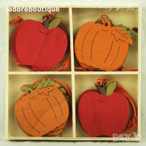 12 бр Дървени елементи за декорация Тикви/ ябълки/ таралежи/ гъби/ катерички , снимка 2 - Други - 47326764